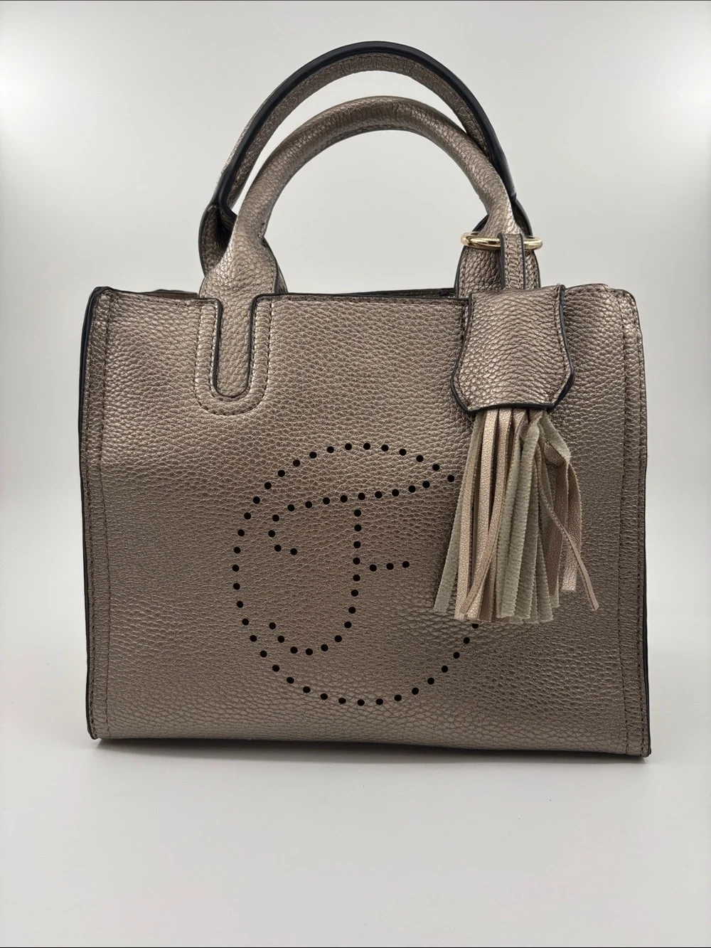 Firano Metallic Taupe Pebbled Leather Satchel with Tassel Accent no strap
